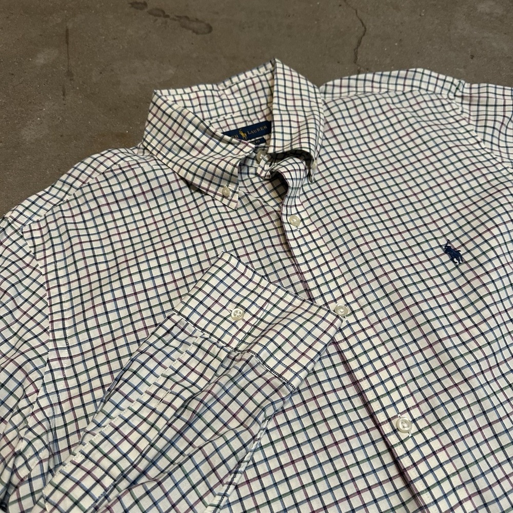 Ralph Lauren Shirt Mens L Cream Plaid Classic Gingham Oxford Check Preppy Casual
